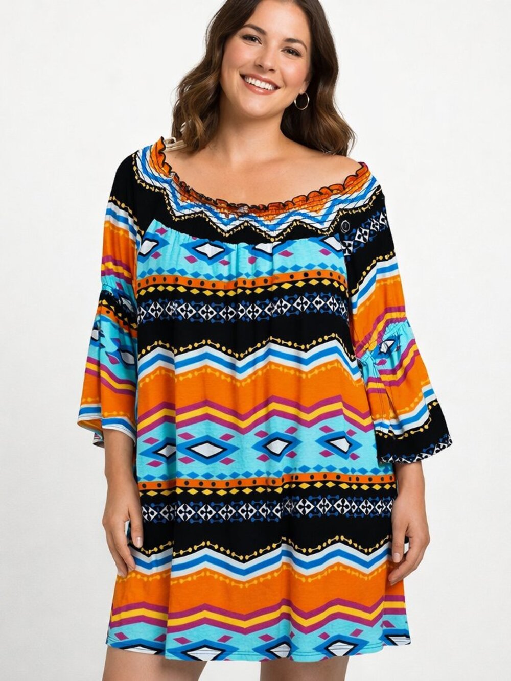 Voll Boho Aztec Tribal Off-Shoulder Bell Sleeve Resort Dress XL Vibrant Print